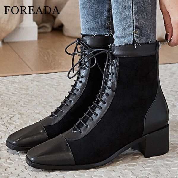 

boots foreada zipper natural genuine leather ankle woman square toe med heel short lace up thick female shoes autumn1, Black