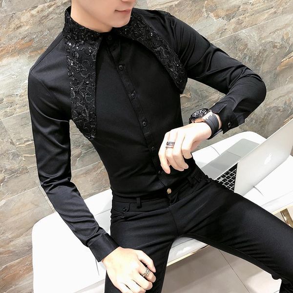 

korean tuxedo shirt men fashion 2018 spring summer lace men shirt long sleeve night club singer costume shirts1, White;black