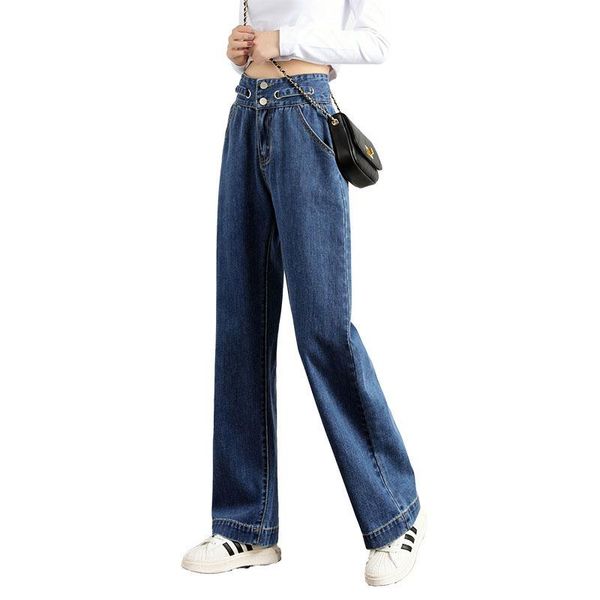

women's jeans autumn winter korean simple high waist loose pockets straight femme plus size boyfriend style ok539, Blue