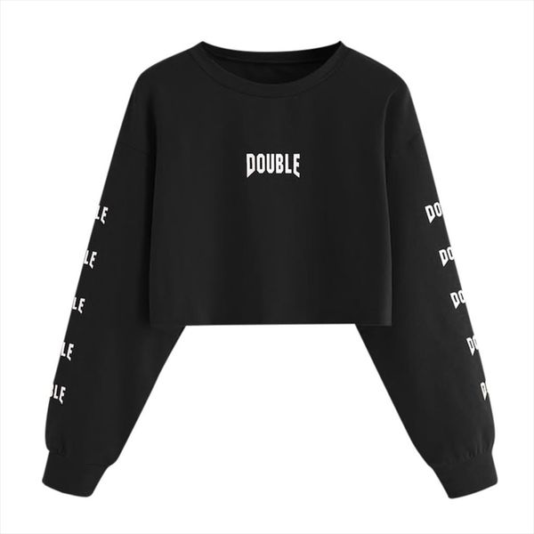 

письмо печати crop top толстовка женщин с длинным рукавом пуловеры кофты повседневный короткие топы женщина streetwear moletom feminino, Black
