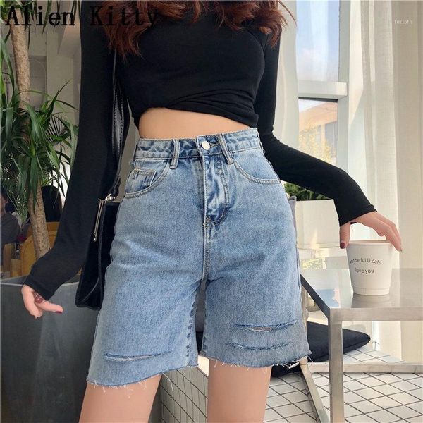 

alien kitty summer loose stylish high waist solid fresh women plus casual simple fashion denim all-match half-length shorts1, White;black