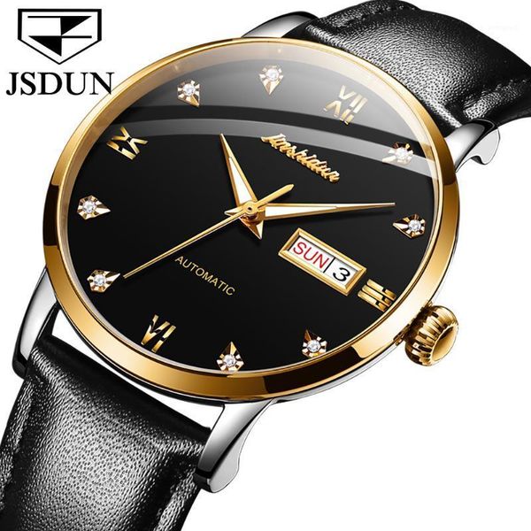 

wristwatches men full automatic mechanical watches relogio de homem fashion waterproof calendar date week leather strap male wristwatch cloc, Slivery;brown