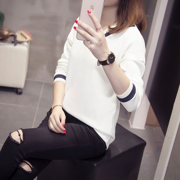 

2019 cotton style 2019 autumn ol temperament korean style odale pullover pullover pullovert-shirt pulloverv-collar loose women's t-shir, White