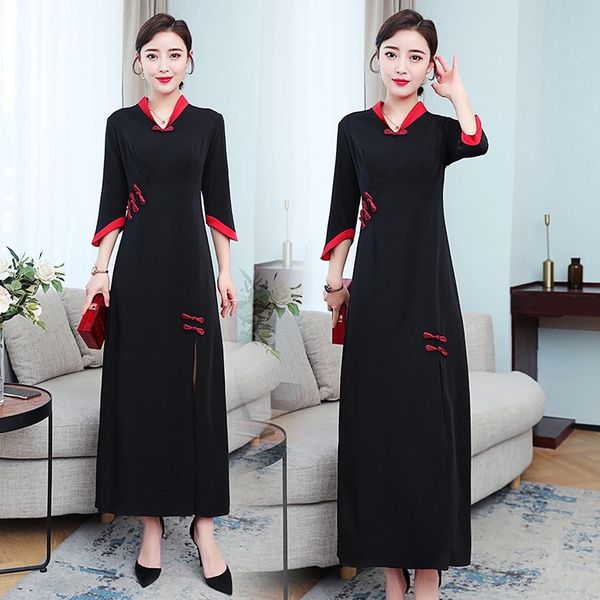 

pe1137 improved 2020 new women's dress autumn chinese ethnic style autumn and winter dress dressnational dressbottoming skirt length bb, Black;gray