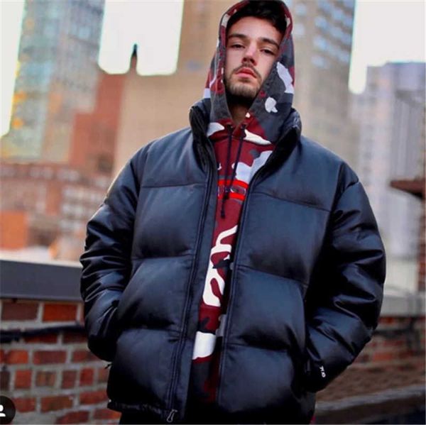 

classic couple leather down jacket 90s color matching winter stand-up collar sports jacket keeps warm and loose, Black