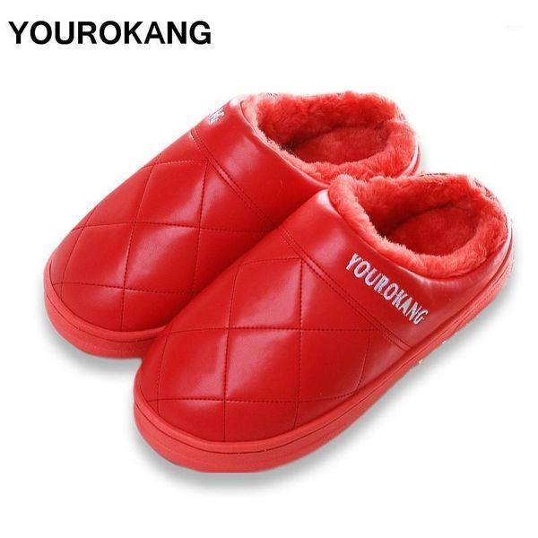 

yourokang home slippers pu leather winter warm cotton slipper fashion furry plush shoes indoor bedroom antiskid pantufa1, Black