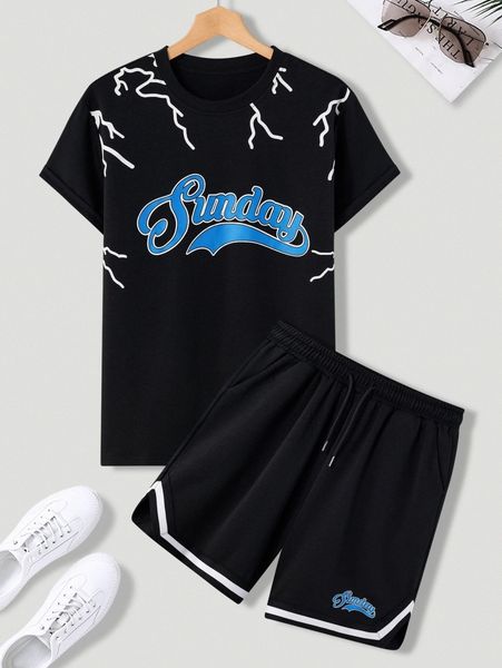 

men lightning & letter graphic tee & drawstring waist shorts n45l#, Gray