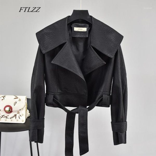 

ftlzz autumn women pu leather jackets short coat turndown collar belt lace-up motorcycle black punk red overcoat female outwear1