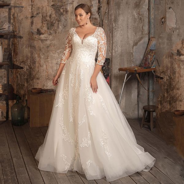 

2021 new gorgeous a line bridal gown women' v neck three quarter sleeves applique sweep train plus size wedding zf9x, White