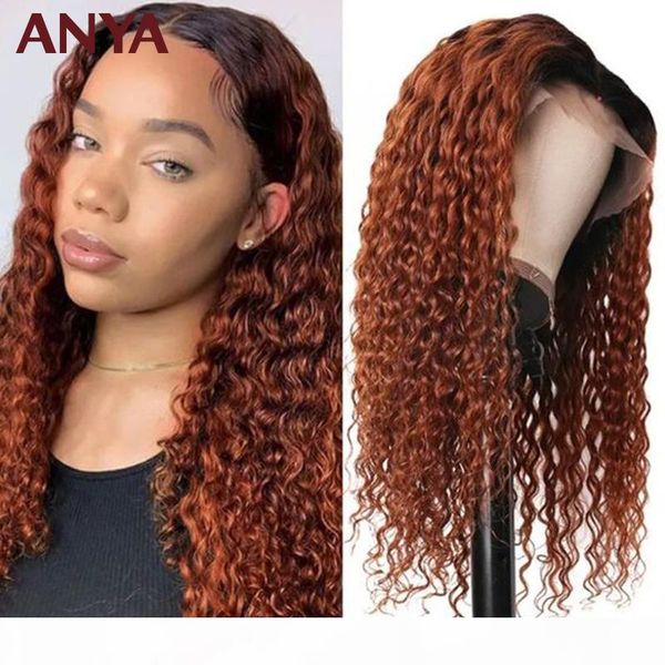 

anya curly 1b ginger orange13*6transparent lace front pre plucked colored wig malasia virgin human hair wigs for black women, Black;brown