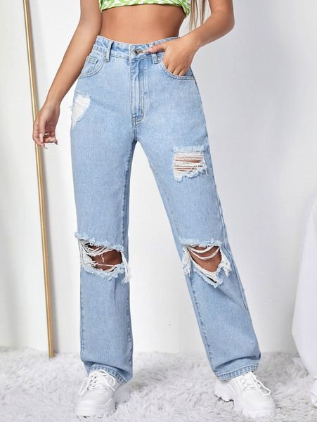 

high waist ripped straight leg jeans d9kt#, Blue