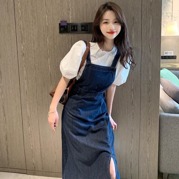 

autumn 2020 new french short sleeve t-shirt + loose denim belt skirt korean two piece fashion suit for women
