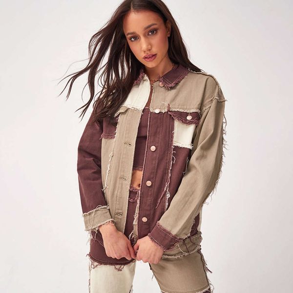 

autumn and winter 2020 fashion women's new long sleeve lapel cardigan color matching loose thin versatile denim coat, Black;brown