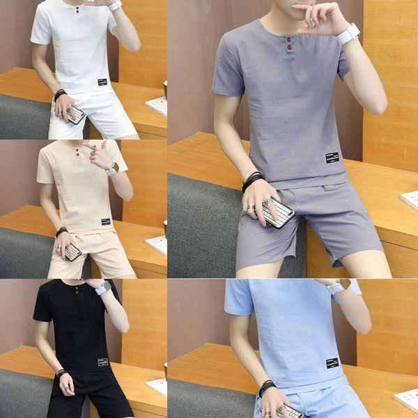 

mcfky clothes cotton cotton linen suit men's trend summer sports casual yqrjz short sleeve linen piece summer cool clothes two, Blue