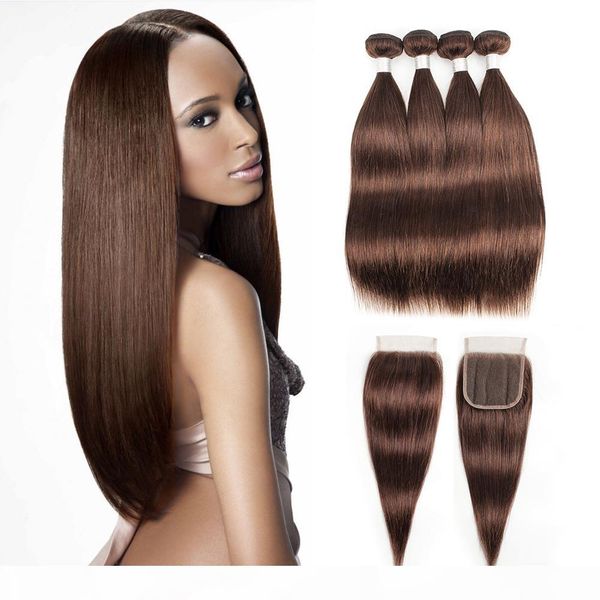

# 4 шоколадно-коричневые человеческие волосы пучки с закрытием бразильских прямые волосами 3 4 пачки с 4 * 4 расширений шнурка закрытия remy, Black;brown