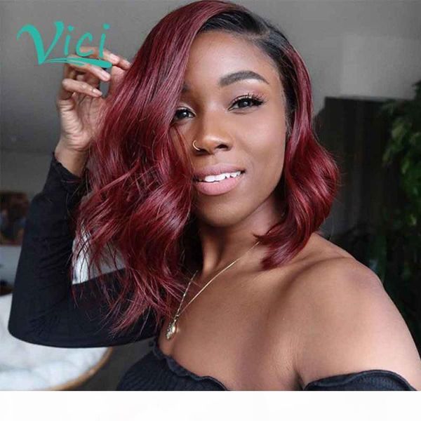 

bob human hair wig ombre lace front wig 99j burgundy colored human hair wigs short side part wavy bleached knots pre plucked, Black;brown
