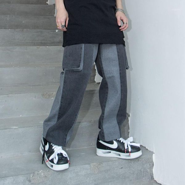 

male high street fashion denim pant men colors splice streetwear hip hop casual loose elastic waist cargo jeans trousers1, Blue