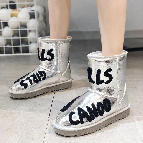 

rimocy fashion letter embroidery platform ankle boots for women low heel pu leather winter snow boots woman short plush shoes #6r1z, Black