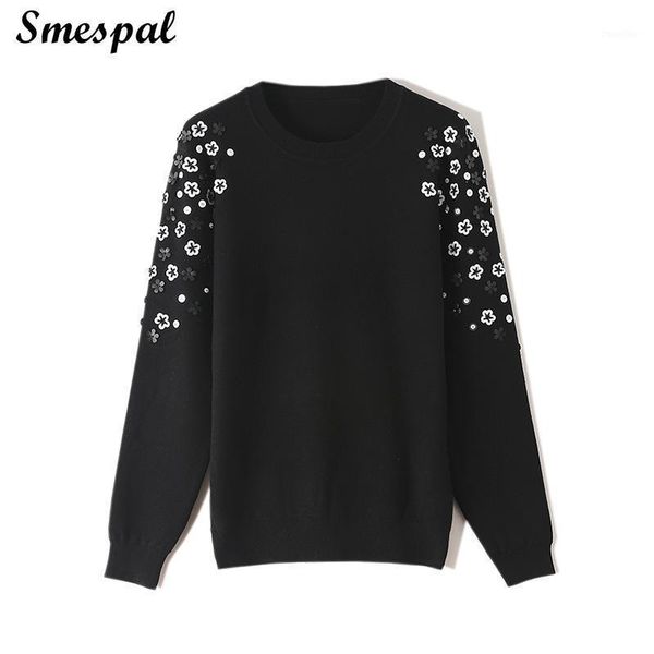 

women autumn winter knit sweater in soft touch lady pullovers in sequin flowers details1, White;black