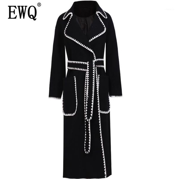 

ewq] 2020 autumn winter new pattern lapel long sleeve white patchwork adjustable waist woolen coat vintage large size ah13411m1, Black