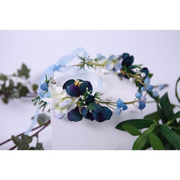

blue theme wedding party hair accessories girl flower wreath crown bride bridesmaid hairband headdress adjustable floral jllwqv