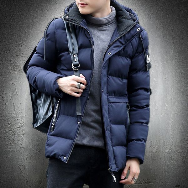 

2021 new puffer jacket cotton-paddec warm thick fashion solid mens coat autumn winter slim oqki, Black