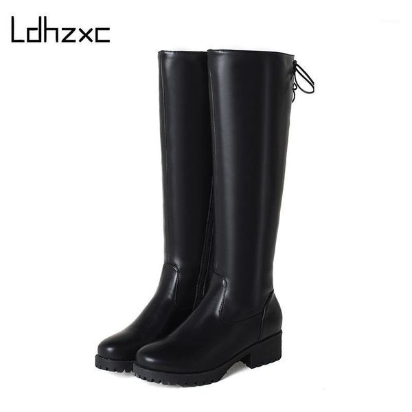 

boots ldhzxc autumn zipper women motorcycle round to med heels knee high winter female footwears large size1, Black