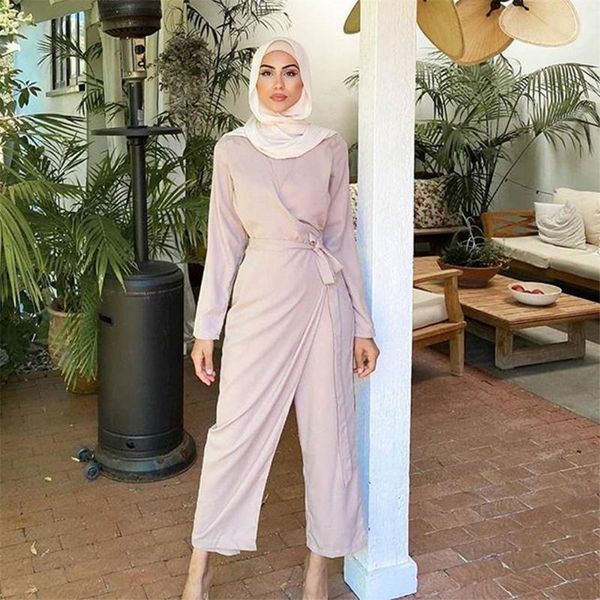

women's tracksuits muslim women wide leg jumpsuit set one piece belt long sleeve turkey dubai islamic clothing arabic abaya sets autumn, Gray