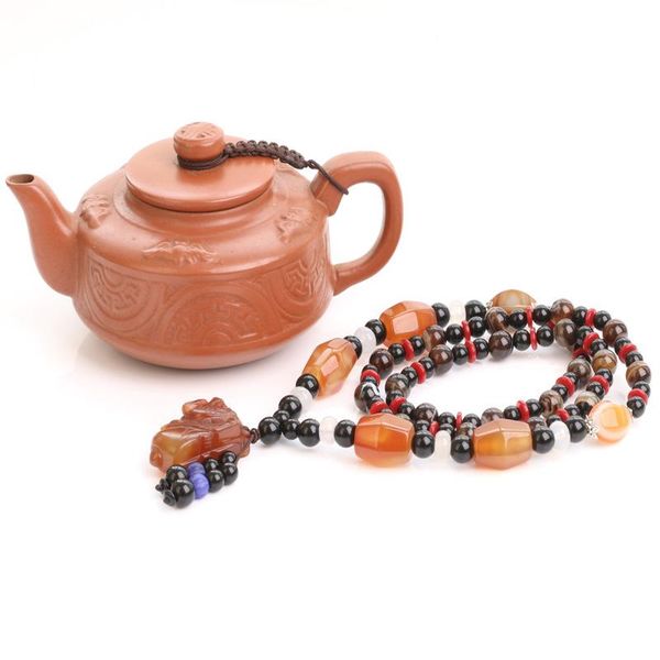 

natural stone beads necklaces women long sweater chain with pixiu pendant hand woven ethnic necklace om jewelry, Silver