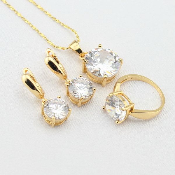 

wpaitkys round white cubic zirconia gold color jewelry sets for women earrings necklace pendant rings gift box