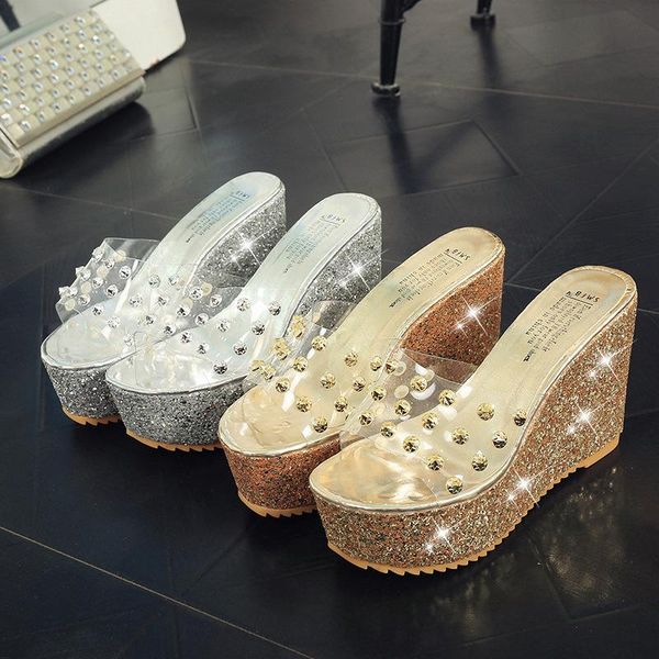 

new creepers transparent slip-on slides summer women shoes studded platform wedges slippers anti-skid sequins muffins flip flops, Black