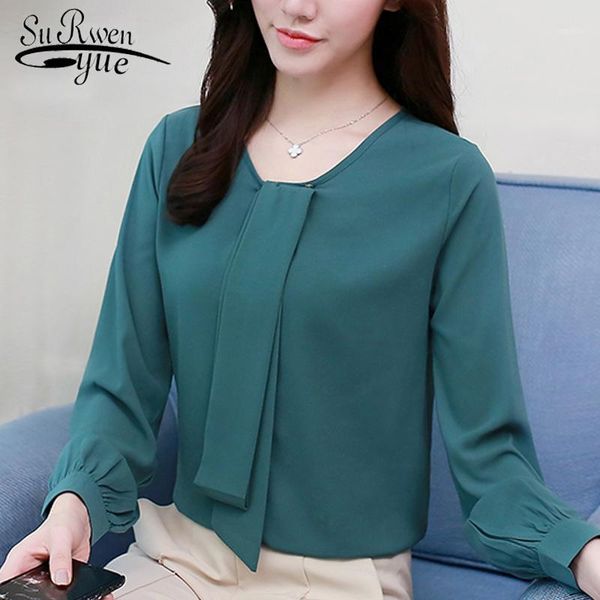 

fashion women chiffon blouse shirt bow v collar office work wear blouse womens and blouses long sleeve women shirts 2562 501, White