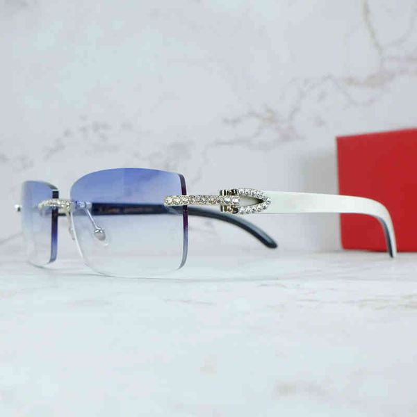 

2022 factory wholesale luxury rhinestone square wood buffalo horn iced out sun fashion mens rimless buffs sunglass, White;black