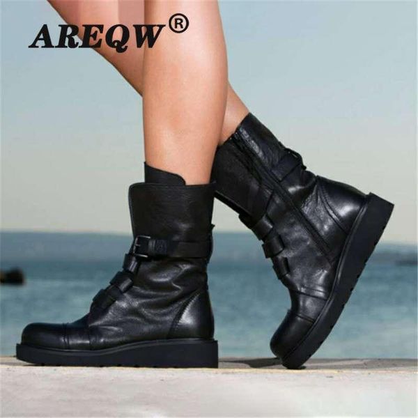 

2020 womens leather boots winter warm shoes motorcycle snow boots handmade zipper round toe wedges buckle botas mujer, Black