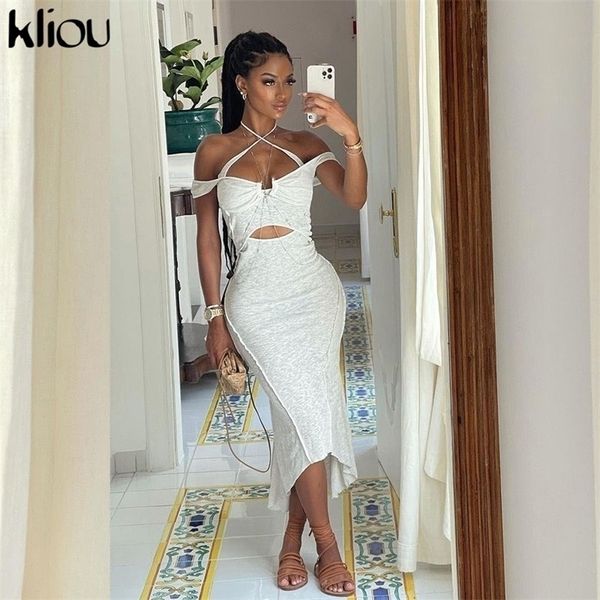 Kliou Solide Gestrickte Frabic Zwei Stück Rock Set Frauen Cut-Out Spitze Up Maxi Kleid + Crop Tops Weste passendes Outfit High Street Stil 220302