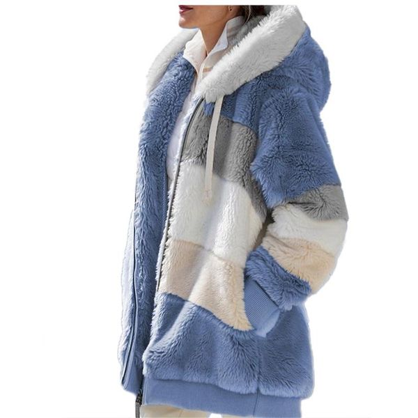 

fashion winter hooded jacket plush patchwork zipper pocket retro loose long sleeve plus size female coat, Black;brown