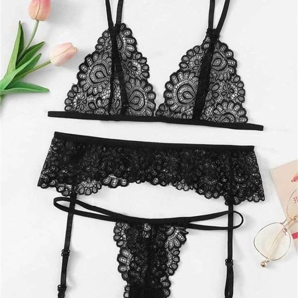 

cut out garter new lace bra underwear bikini three women 1256, Black;pink
