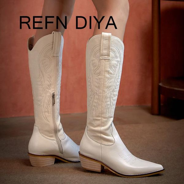 

корова кожа женщин сапоги вышивка джинсовая ткань колено высокие сапоги остроконечные toe высокий каблук длинный квадратный каблук пастушка, Black