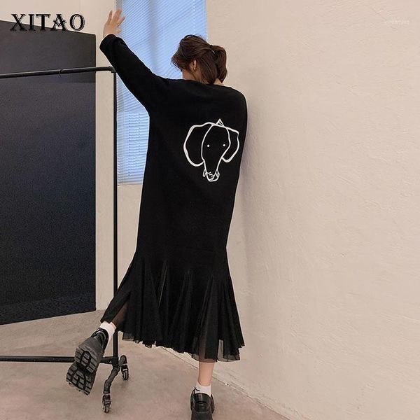 

xitao korean style plus size dresses women long sleeve thick warm o neck spliced mesh hem woman dress winter new 2020 wj13841, Black;gray