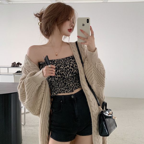 

fall 2020 new mid long loose knit + leopard bra two piece fashion suit for women