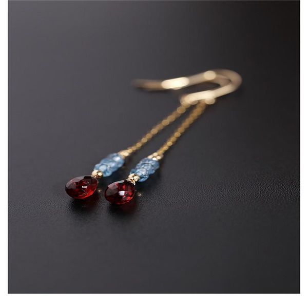 

dangle & chandelier daimi faceted water drop garnet ear line female gemstones genuine yellow 18k gold red gemstone earring gift, Silver