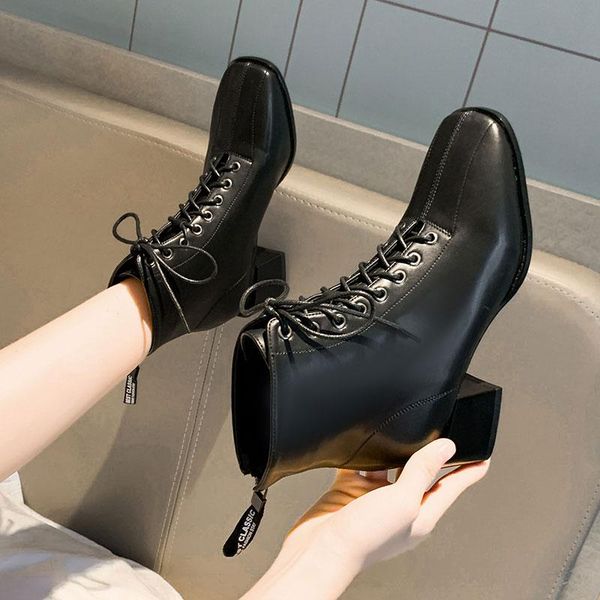 

boots boots-women brand women's shoes round toe booties woman 2020 low heel fashion autumn mid calf rock rubber mid-calf, Black