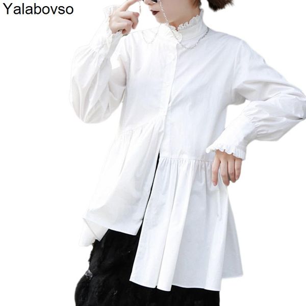 

medium length for women 2021 spring lace standing collar shirt twill cuffs white irregular solid color blouse female