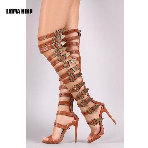 

boots 2021 summer sandals women buckle strap cutouts high heels long stage catwalk open toe over the knee lady, Black