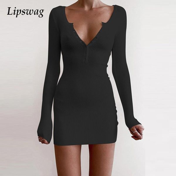 

casual dresses casual dresses fashion solid bodycon mini dress women v neck button ladies ribbed knitted elegant long sleeve slim party, Black;gray