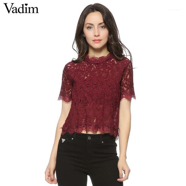 

vadim women cute lace crop short sleeve casual o neck blouses back zipper ladies fashion candy colors shirts blusas1, White