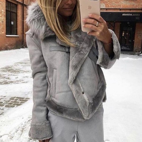 

women's jackets lugentolo winter jacket women warm fashion fur collar short full sleeve turn-down zipper flocking coat, Black;brown