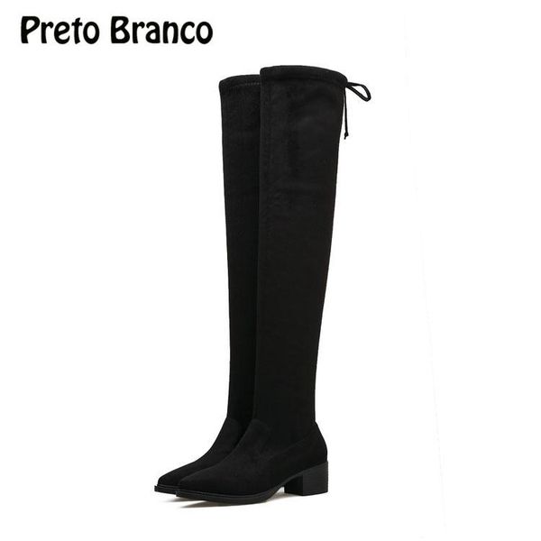 

boots preto branco slim-legged spring autumn winter thick heels pointed tips strapped knees women 35-40 yards df-366-2, Black