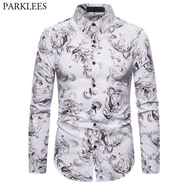 

men's casual shirts luxury baroque floral bronzing men shirt style flower print mens long sleeve lapel button up for men1, White;black