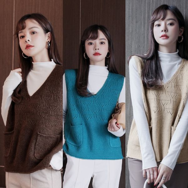 

k0szu 2020 women's v-neck sweater slimming waistcoat vest casual fashion sleeveless knitted wool vest coat outer wear w6wfw, White;black
